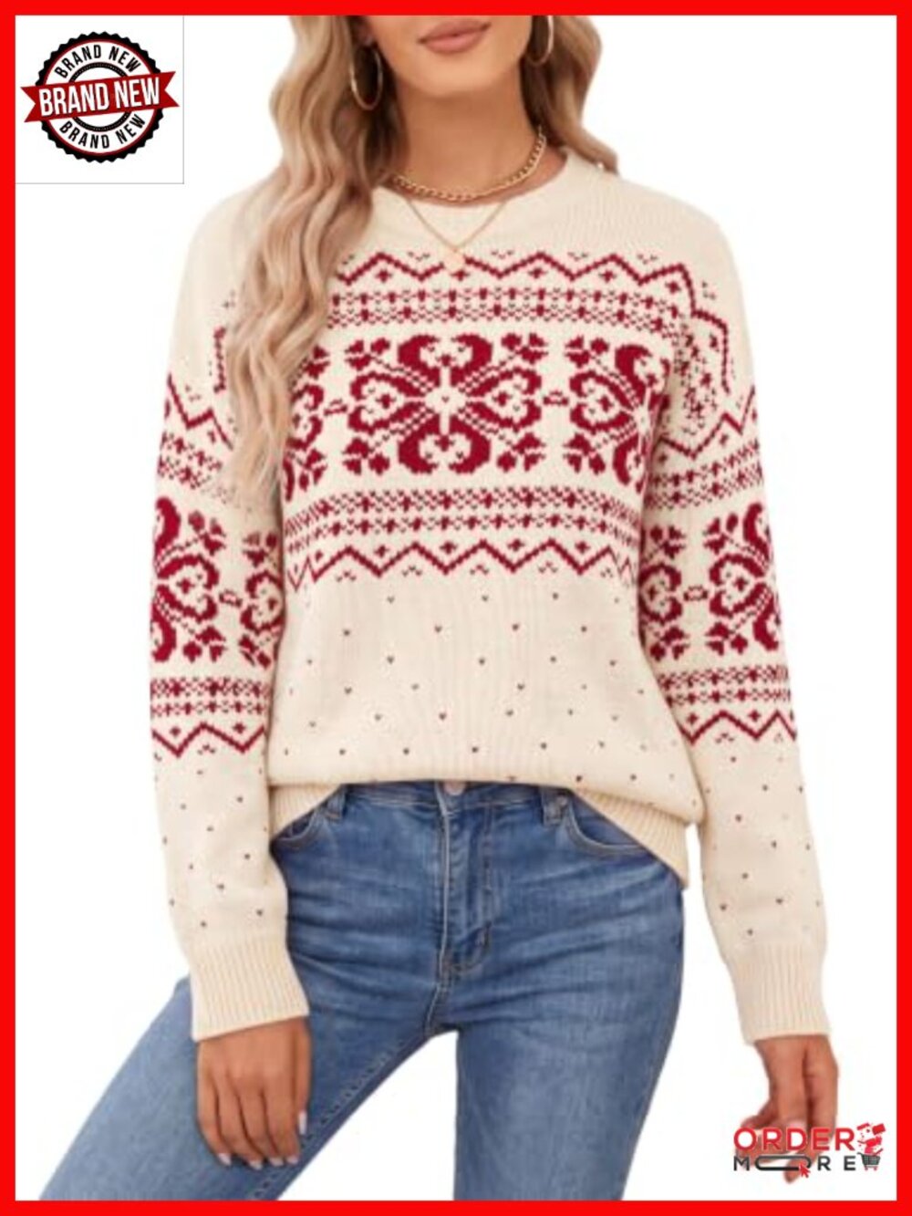 Fair Isle Oversized Pullover Sweater Crew Neck Long Sleeve Acrylic